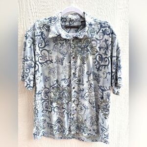 Axis 100% Silk Blue Embroidered Boho Summer Short Sleeve Button Up Shirt Men's L